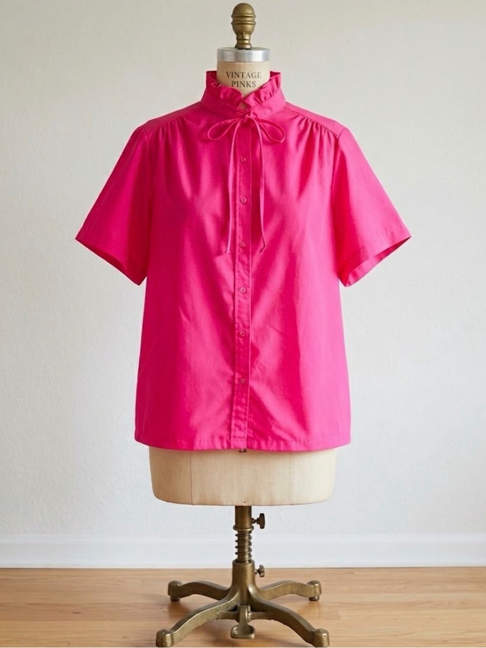 Vintage Alicia Hot Pink Ruffle Mock Neck Blouse 1970s Secretary Pussybow Top 42